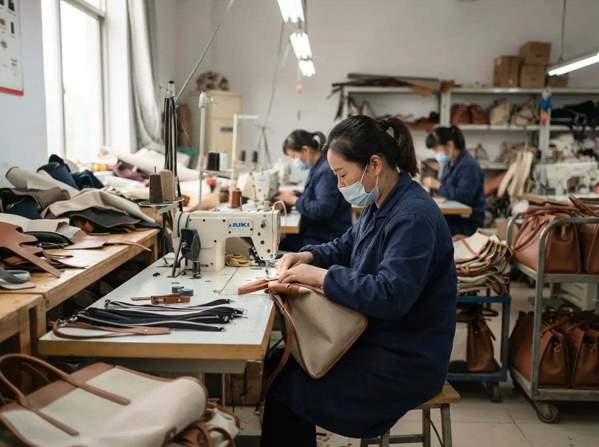 Guangda handbag factory production floor in Hebei, China