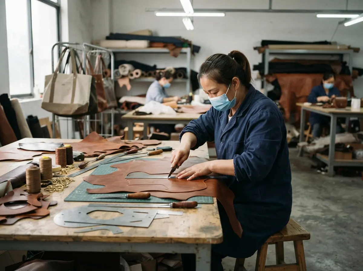 Fabric and leather cutting line at Guangda handbag factory